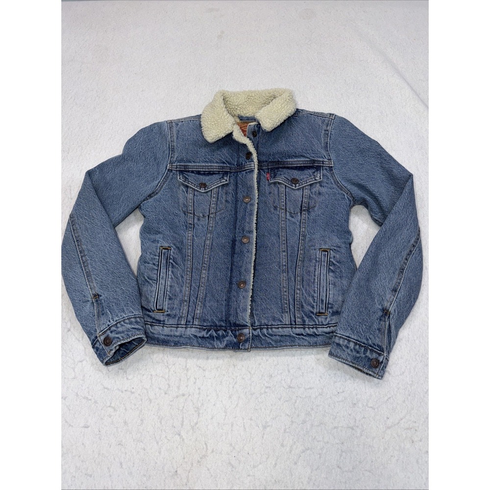 Levi Sherpa Trucker Denim Jacket Women's Small Blue Jean Faux Shearling Lined
